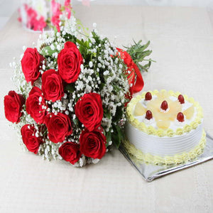 Bouquet of Red Roses with Pineapple Cake