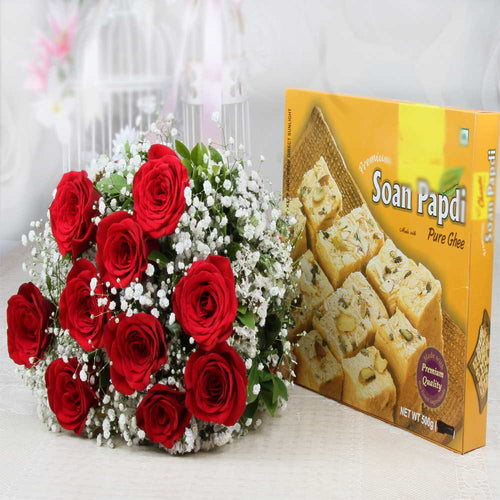 Lovely Red Roses with Soan Papdi Box