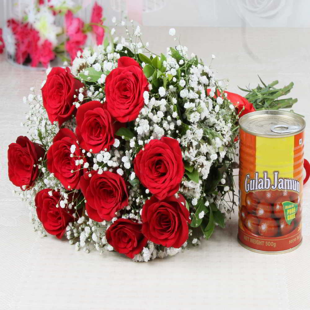 Bouquet of Ten Red Roses with Gulab Jamuns
