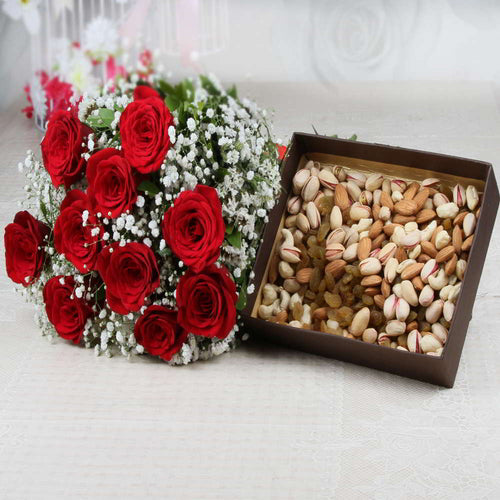 Charming Red Roses Bouquet with Mixed Dryfruits