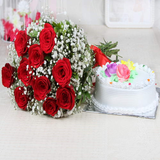 Ten Red Roses with Vanilla Cake