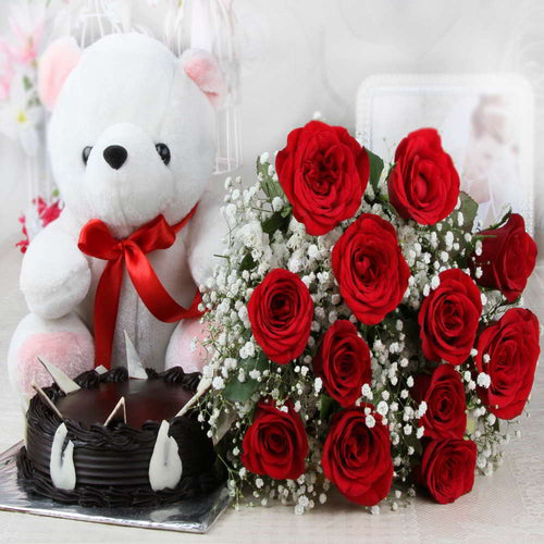 Twelve Red Roses and Chocolate Cake with Cute Teddy