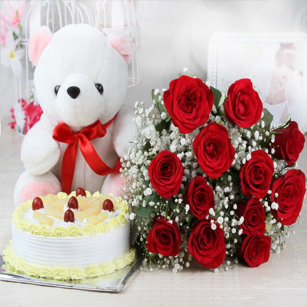 Red Roses with Pineapple Cake and Cute Teddy Bear