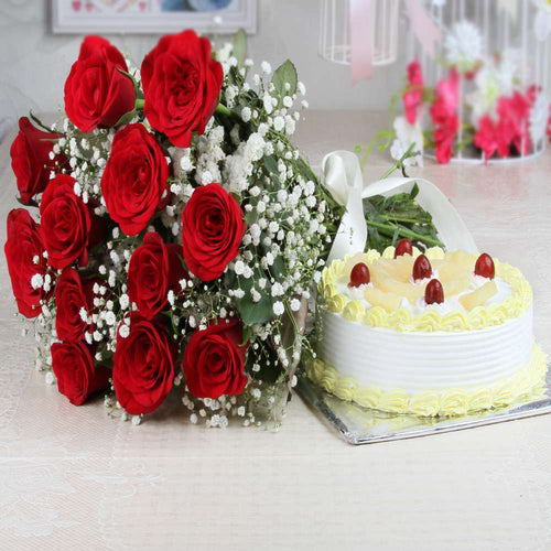 Bouquet of Red Roses and Pineapple Cake Combo