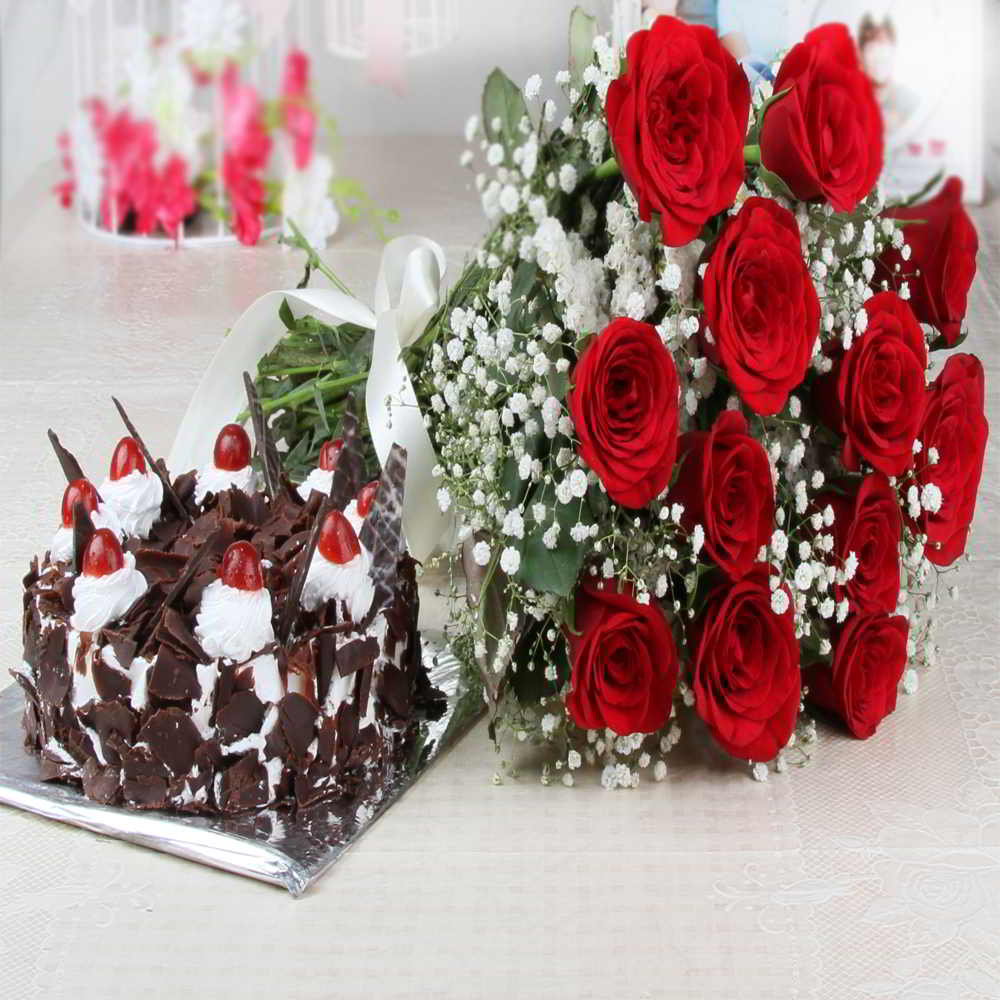 Lovely Red Roses with Black Forest Cake