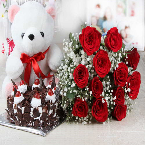 Half Kg Black Forest Cake and Red Roses with Teddy