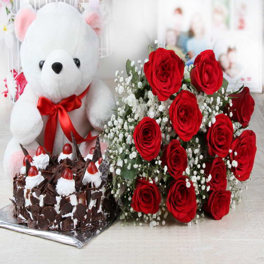 Half Kg Black Forest Cake and Red Roses with Teddy