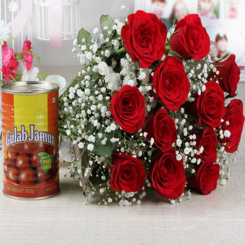 Bouquet of Red Roses with Yummy Gulab Jamun Combo