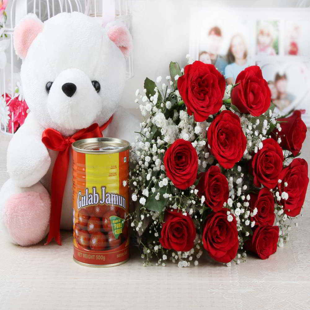 Tempting Gulab Jamun and Red Roses with Teddy Bear