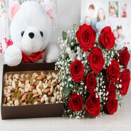 Treat of Dry Fruits and Red Roses with Teddy Bear