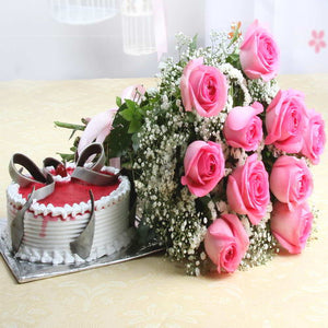 Bouquet of Pink Roses with Strawberry Cake Combo