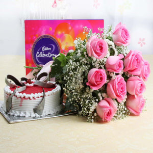 Pink Roses with Celebration Pack and Strawberry Cake