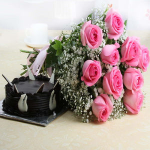 Ten Pink Roses with Half kg Chocolate Cake