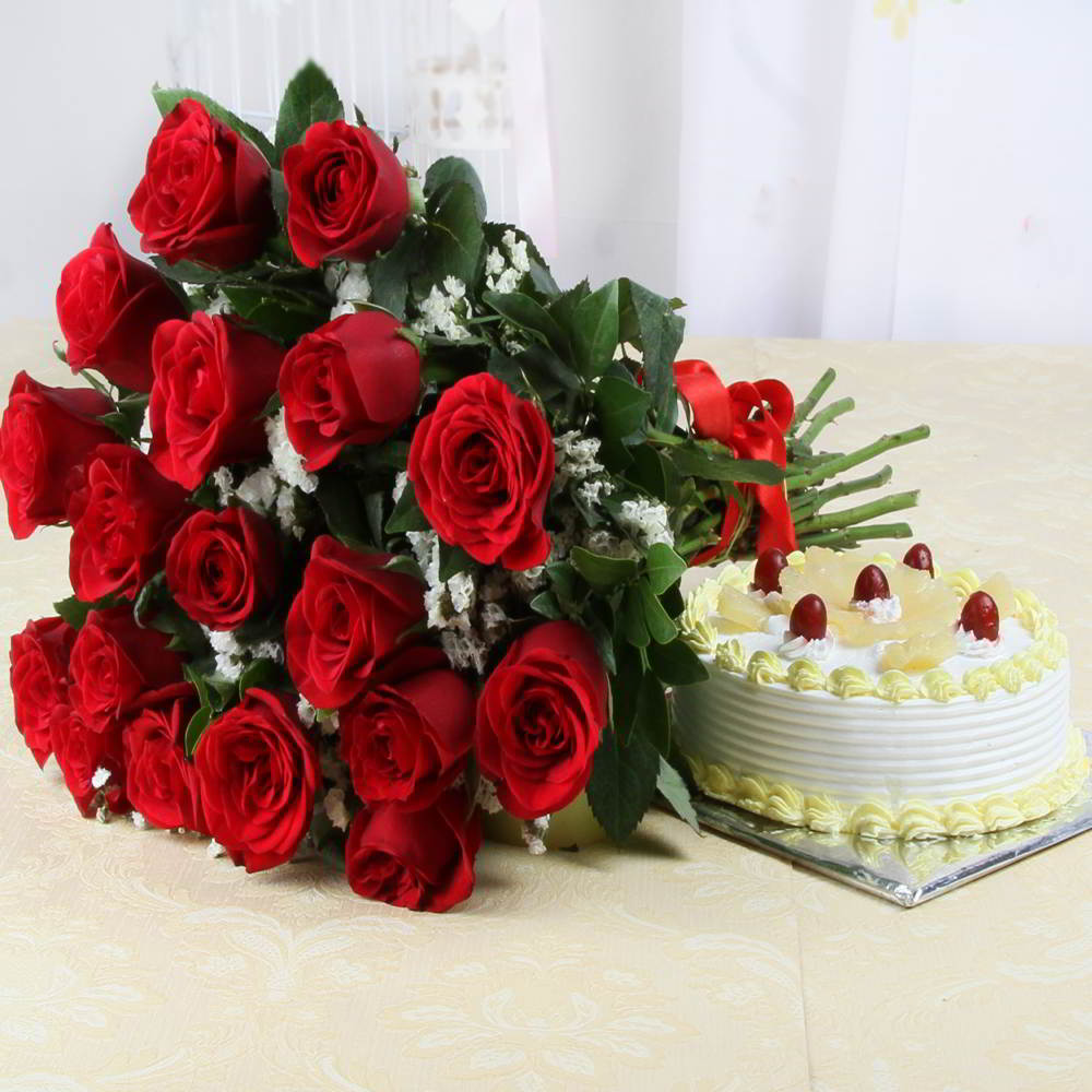 Combo of Red Roses with Pineapple Cake