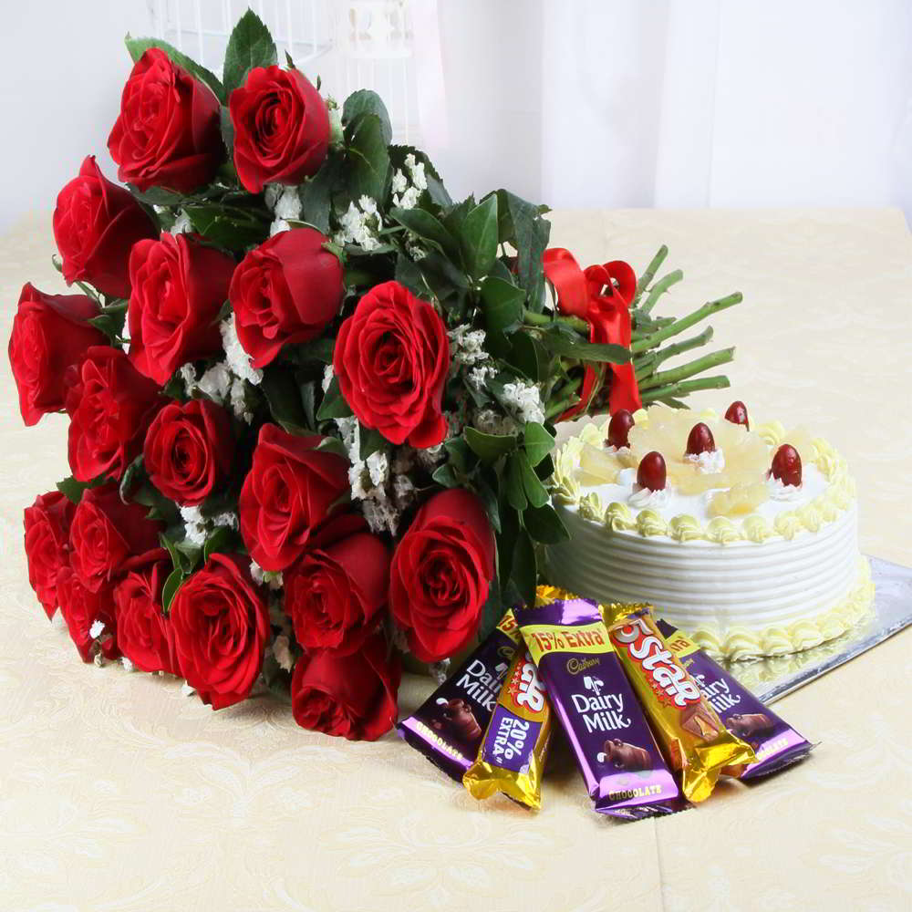 Half Kg Pineapple Cake and Red Roses with Assorted Chocolate