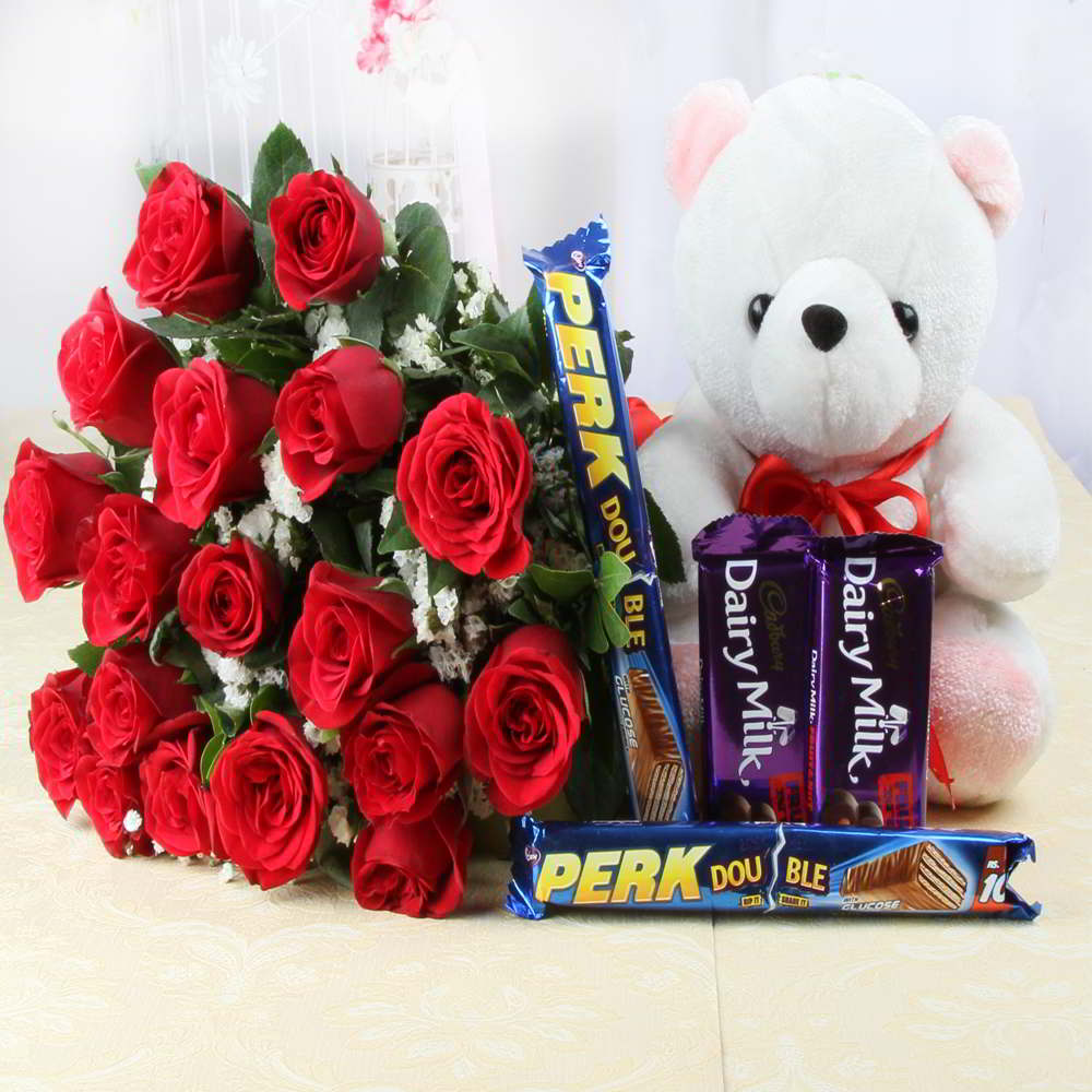 Eighteen Red Roses and Assorted Chocolate Bars with Teddy