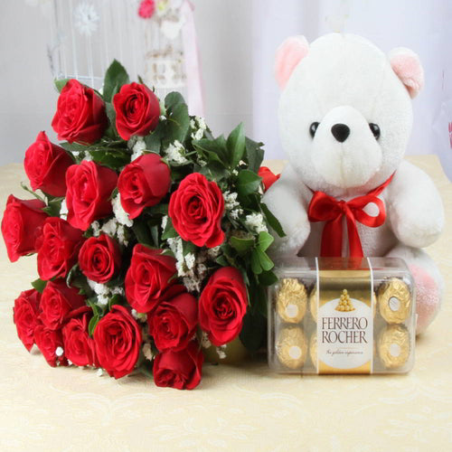 Ferrero Rocher and Red Roses Bouquet with Teddy