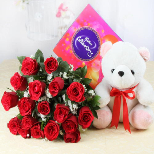Celebration Pack and Beautiful Red Roses with Teddy
