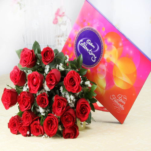 Eighteen Red Roses with Celebration Chocolate Pack