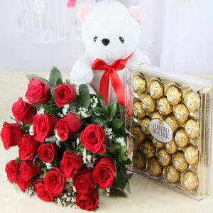 Bouquet of Red Roses and Cute Teddy Ferrero Rocher Box