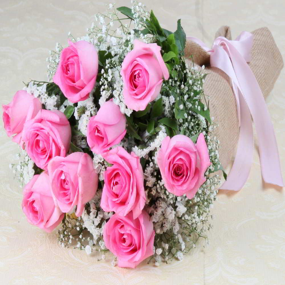 Bouquet of Pink Roses in a Jute Wrapping