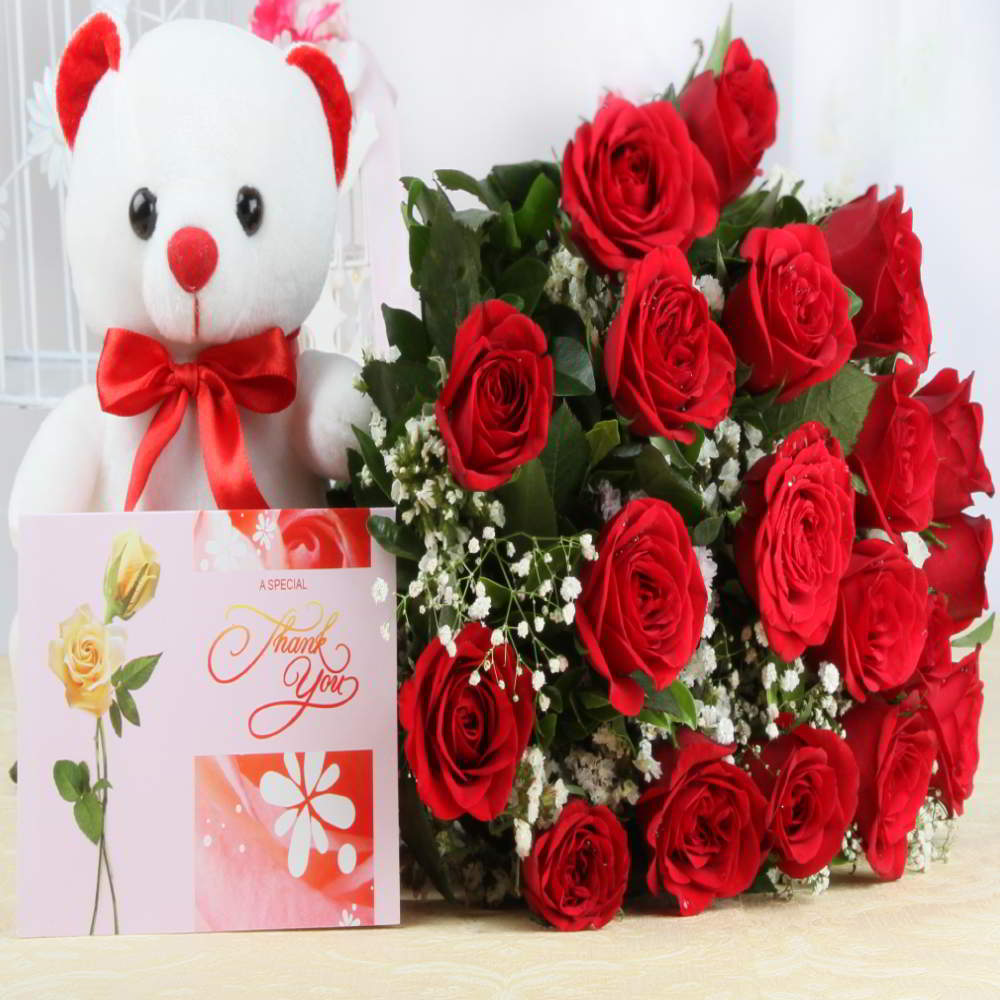 Red Roses with Greeting Card and Cute Teddy