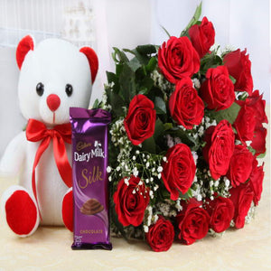 Bouquet of Roses and Cute Teddy Bear with Dairy Milk Silk Chocolate