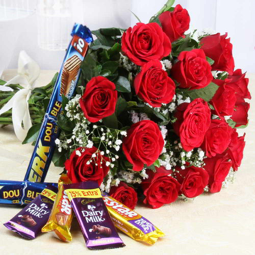 Assorted Chocolate Bars with Red Roses Bouquet