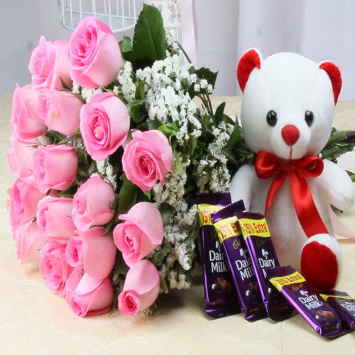 Pink Roses and Cute Teddy Bear and Cadbury Dairy Milk Chocolates
