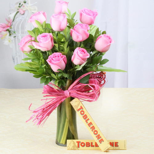 Arrangement of Pink Roses in Glass Vase with Toblerone Chocolates