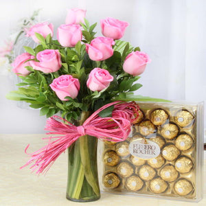 Arrangement of Pink Roses in a vase with Ferrero Rocher Chocolate