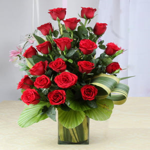 Arrangement of Twenty Red Roses in Glass Vase