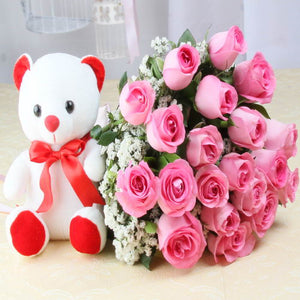 Bouquet of Twenty Pink Roses with Cute Teddy Bear