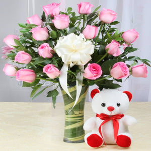 Pink Roses Arranged in Vase with Soft Teddy Bear
