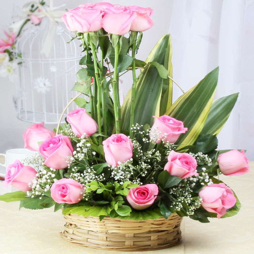 Arrangement of Fifteen Pink Roses Basket
