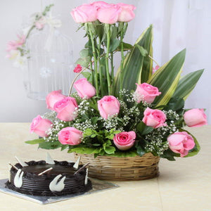 Pretty Pink Roses Arranged in Basket with Half kg Chocolate Cake