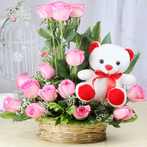 Basket Arrangement of Pink Roses with Cute Teddy Bear