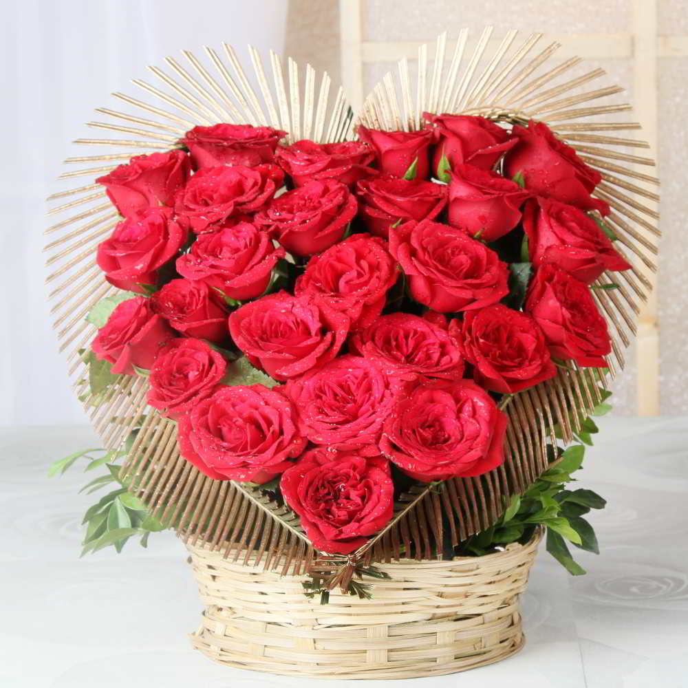 Red Roses Heart Shape Arrangement in a Basket