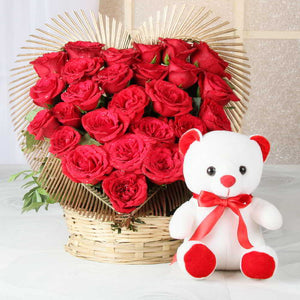 Heart Shape Arrangement of Red Rose with Teddy Bear Combo