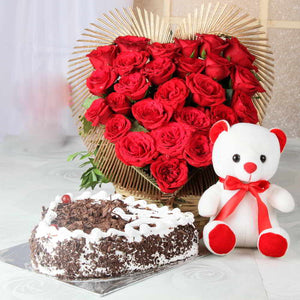 Arrangement of Red Roses and Cute Teddy Bear with Black Forest Cake