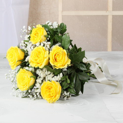 Hand tied bouquet of Six Yellow Roses