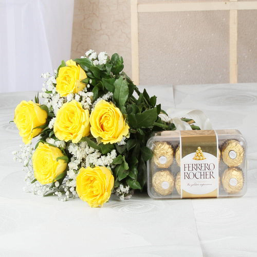 Six Yellow Roses with Ferrero Rocher Chocolate Box