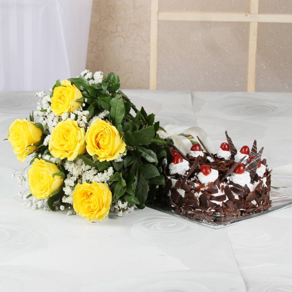 Bouquet of Six Yellow Roses with Black Forest Cake