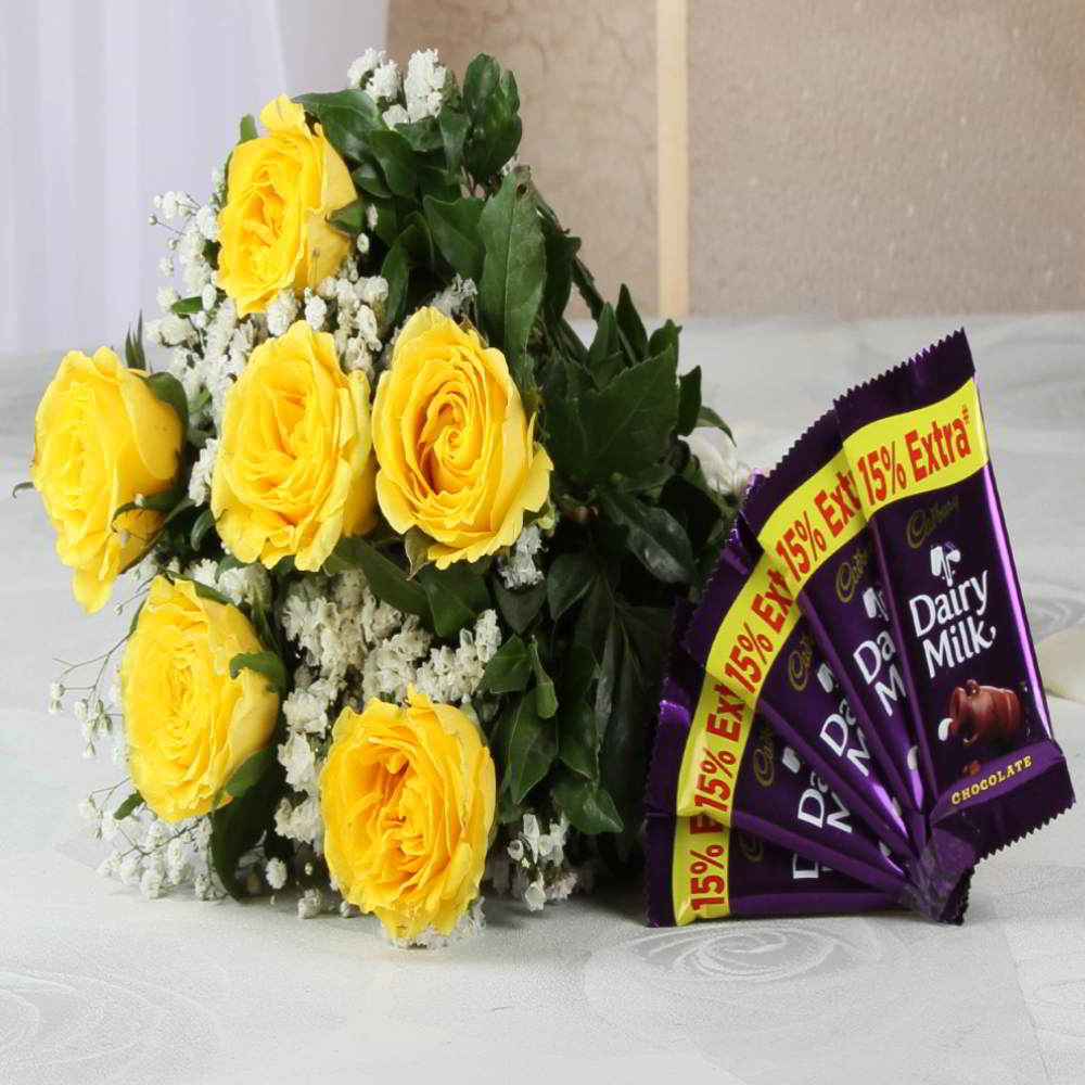 Bouquet of Yellow Roses with Cadbury Dairymilk Chocolates