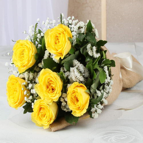 Bouquet of Six Yellow Roses in Jute Wrapping