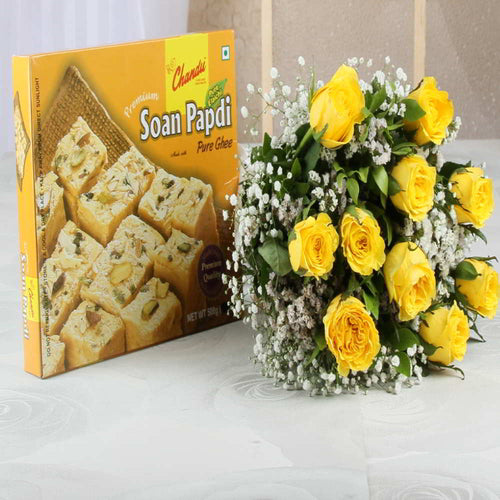 Yellow Roses with Soan Papdi Box