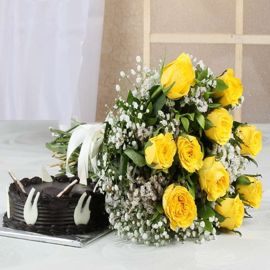 Bouquet of Yellow Roses with Half Kg Chocolate Cake