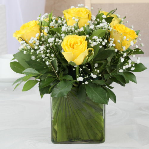 Six Lovely Yellow Roses in a Vase