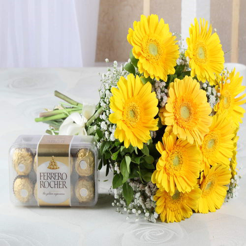 Bouquet of Ten Yellow Gerberas with Ferrero Rocher Chocolate