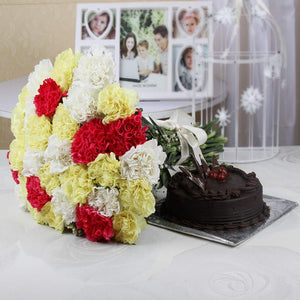 Eggless Deep Dark Chocolate Cake and Carnations Combo